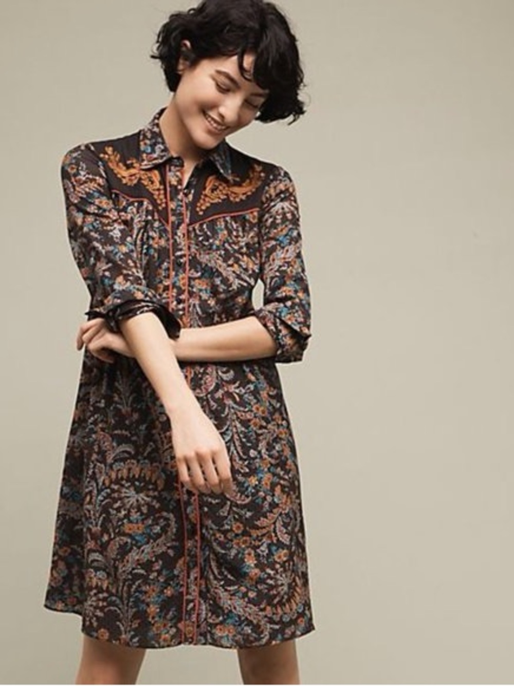 Anthropologie western style Floral Paisley Shirt Dress in Dark Brown